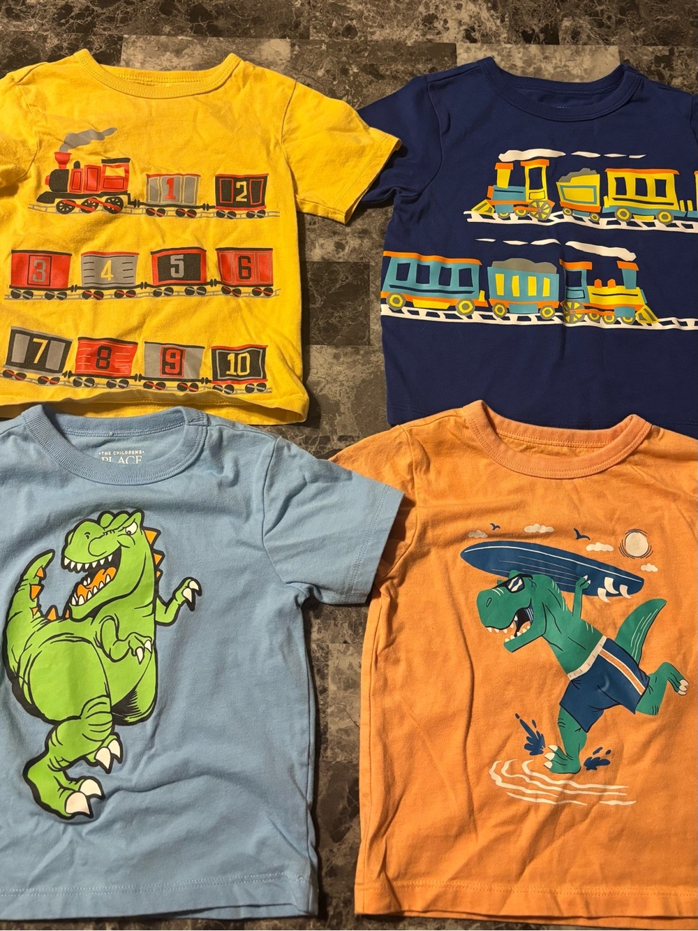 Kids Train & Dino Graphic Tee Bundle - Yellow, Navy, Light Blue, Orange